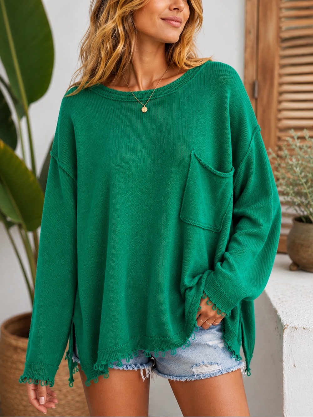 Easel Los Angeles Oversized Distressed Knit Sweater Green Large NWT